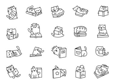 Kitapları olan sevimli kediler. Boyama sayfası. Komik çizgi film karakterleri. El çizimi stili. Vektör çizimi. Tasarım elementlerinin koleksiyonu.