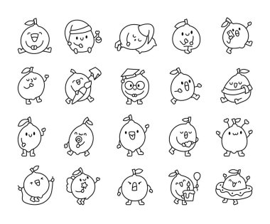 Farklı duyguları olan komik bir kireç. Boyama sayfası. Tatlı çizgi film meyvesi. El çizimi stili. Vektör çizimi. Tasarım elementlerinin koleksiyonu.