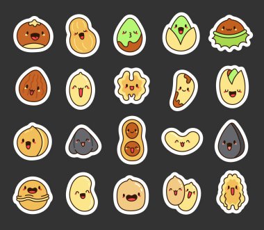 Komik yüzlü sevimli kawaii fıstıkları. Etiket Yer İmi. Sevimli çizgi film karakterleri. El çizimi stili. Vektör çizimi. Tasarım elementlerinin koleksiyonu.