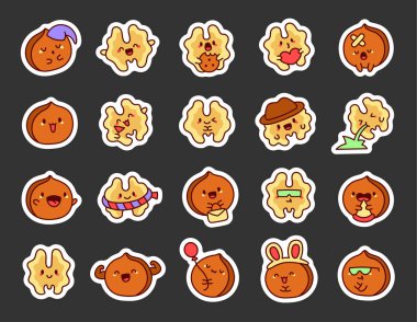 Komik suratlı tatlı kawaii cevizi. Etiket Yer İmi. Sevimli çizgi film yemek karakteri. El çizimi stili. Vektör çizimi. Tasarım elementlerinin koleksiyonu.