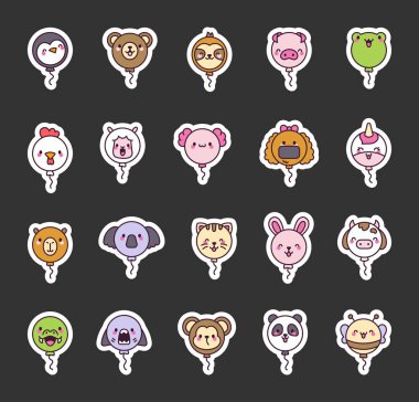 Balon şeklinde şirin hayvan yüzleri. Etiket Yer İmi. Neşeli bir ruh hali için komik çizgi film karakterleri. El çizimi stili. Vektör çizimi. Tasarım elementlerinin koleksiyonu.