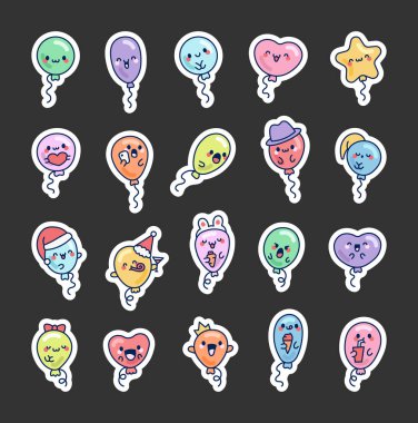 Şirin kawaii balonu. Etiket Yer İmi. Komik çizgi film karakterleri. El çizimi stili. Vektör çizimi. Tasarım elementlerinin koleksiyonu.