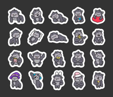 Farklı pozlardaki komik goriller. Etiket Yer İmi. Sevimli çizgi film karakteri. El çizimi stili. Vektör çizimi. Tasarım elementlerinin koleksiyonu.