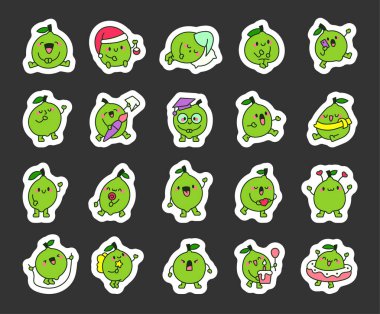 Farklı duyguları olan komik bir kireç. Etiket Yer İmi. Tatlı çizgi film meyvesi. El çizimi stili. Vektör çizimi. Tasarım elementlerinin koleksiyonu.