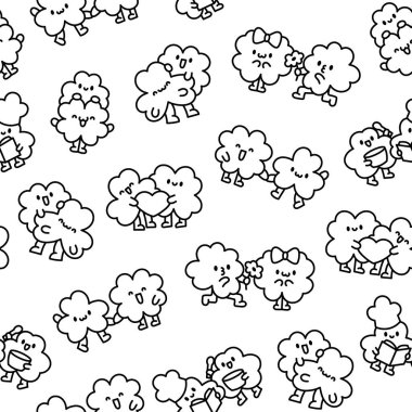 Şirin kawaii yonca arkadaşları. Kusursuz desen. Boyama sayfası. Komik çizgi film karakterleri. El çizimi stili. Vektör çizimi. Tasarım süslemeleri.