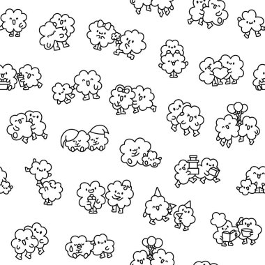 Şirin kawaii yonca arkadaşları. Kusursuz desen. Boyama sayfası. Komik çizgi film karakterleri. El çizimi stili. Vektör çizimi. Tasarım süslemeleri.