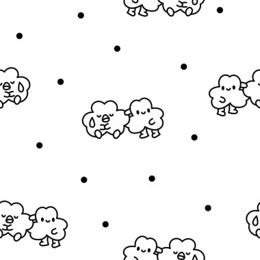 Şirin kawaii yonca arkadaşları. Kusursuz desen. Boyama sayfası. Komik çizgi film karakterleri. El çizimi stili. Vektör çizimi. Tasarım süslemeleri.