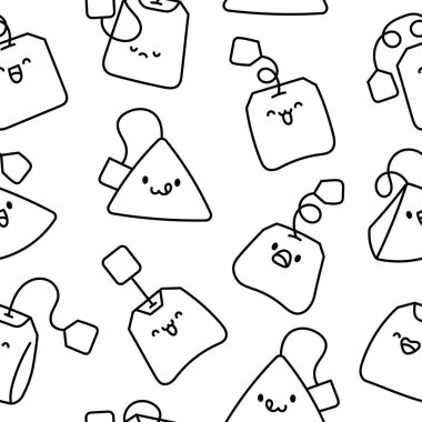 Şirin kawaii çay poşeti çizgi film karakteri. Kusursuz desen. Boyama sayfası. El çizimi stili. Vektör çizimi. Tasarım süslemeleri.