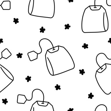 Bir poşet çay. Kusursuz desen. Boyama sayfası. Kahvaltıda. El çizimi stili. Vektör çizimi. Tasarım süslemeleri.