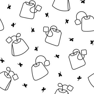 Bir poşet çay. Kusursuz desen. Boyama sayfası. Kahvaltıda. El çizimi stili. Vektör çizimi. Tasarım süslemeleri.