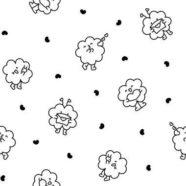 Şirin kawaii şanslı yonca çizgi film karakteri. Kusursuz desen. Boyama sayfası. El çizimi stili. Vektör çizimi. Tasarım süslemeleri.