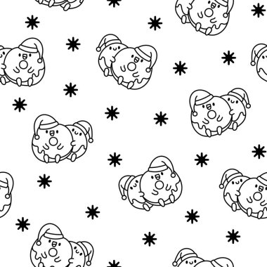 Tatlı çiftler dostluk çöreği yer. Kusursuz desen. Boyama sayfası. Çörekler sarılıyor, çizgi film karakterleriyle yan yana oturuyor. El çizimi stili. Vektör çizimi. Tasarım süslemeleri.