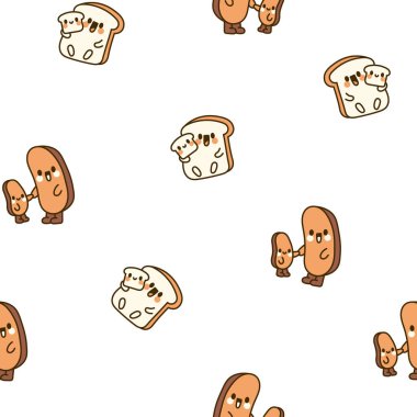 Komik ekmek çizgi film karakterleri. Kusursuz desen. Şirin kawaii fırın arkadaşları. El çizimi stili. Vektör çizimi. Tasarım süslemeleri.