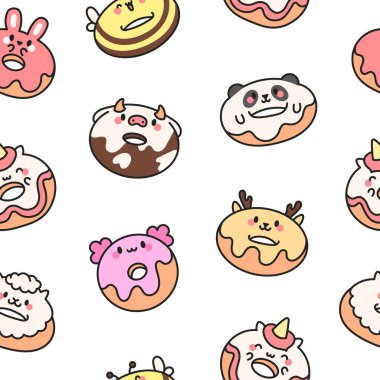 Hayvan suratlı tatlı kawaii çöreği. Kusursuz desen. Çizgi film komik yemeği. El çizimi stili. Vektör çizimi. Tasarım süslemeleri.