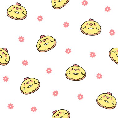 Hayvan suratlı tatlı kawaii çöreği. Kusursuz desen. Çizgi film komik yemeği. El çizimi stili. Vektör çizimi. Tasarım süslemeleri.