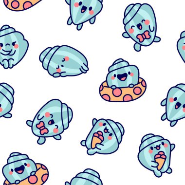 Çizgi film mutlu deniz kabuğu karakterleri. Kusursuz desen. Komik suda yaşam. El çizimi stili. Vektör çizimi. Tasarım süslemeleri.