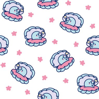 İnci kabuklu çizgi film kawaii deniz kabuğu. Kusursuz desen. Komik suda yaşam. El çizimi stili. Vektör çizimi. Tasarım süslemeleri.