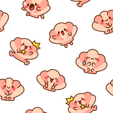 Gülen yüzlü, tatlı deniz kabuğu. Kusursuz desen. Kawaii çizgi film karakteri. El çizimi stili. Vektör çizimi. Tasarım süslemeleri.