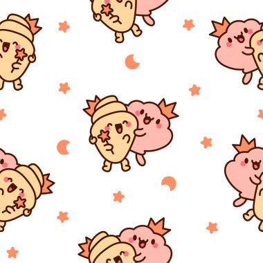 Komik deniz kabuğu çizgi film karakterleri. Kusursuz desen. Şirin kawaii deniz arkadaşları. El çizimi stili. Vektör çizimi. Tasarım süslemeleri.