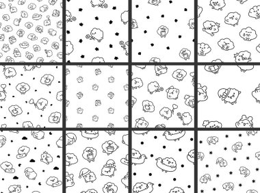 Gülen yüzlü, tatlı deniz kabuğu. Kusursuz desen. Boyama sayfası. Kawaii çizgi film karakteri. El çizimi stili. Vektör çizimi. Tasarım süslemeleri koleksiyonu.