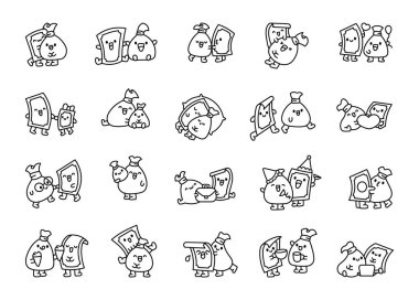 Şirin bir çift zengin karakter. Boyama sayfası. Sevimli Kawaii arkadaşlarının kesesi ve banknotu. El çizimi stili. Vektör çizimi. Tasarım elementlerinin koleksiyonu.