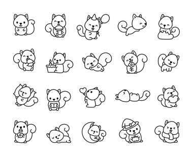 Büyüleyici sincap karakteri. Boyama sayfası. Komik orman hayvanı. El çizimi stili. Vektör çizimi. Tasarım elementlerinin koleksiyonu.