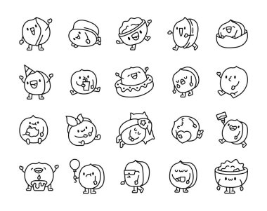 Şirin kawaii cevizi. Boyama sayfası. Şanslı çizgi film karakteri. El çizimi stili. Vektör çizimi. Tasarım elementlerinin koleksiyonu.