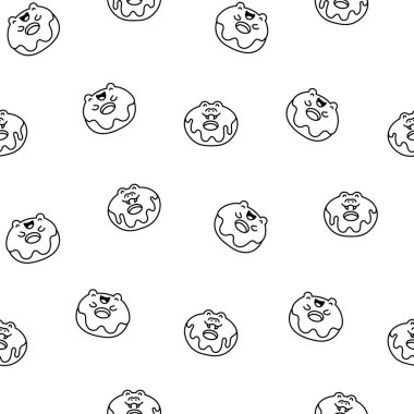 Hayvan suratlı tatlı kawaii çöreği. Kusursuz desen. Boyama sayfası. Çizgi film komik yemeği. El çizimi stili. Vektör çizimi. Tasarım süslemeleri.