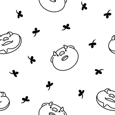 Hayvan suratlı tatlı kawaii çöreği. Kusursuz desen. Boyama sayfası. Çizgi film komik yemeği. El çizimi stili. Vektör çizimi. Tasarım süslemeleri.