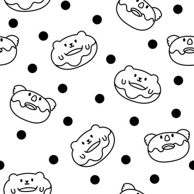 Hayvan suratlı tatlı kawaii çöreği. Kusursuz desen. Boyama sayfası. Çizgi film komik yemeği. El çizimi stili. Vektör çizimi. Tasarım süslemeleri.