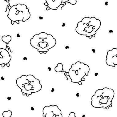 Gülen yüzlü, tatlı deniz kabuğu. Kusursuz desen. Boyama sayfası. Kawaii çizgi film karakteri. El çizimi stili. Vektör çizimi. Tasarım süslemeleri.