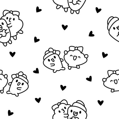 Komik deniz kabuğu çizgi film karakterleri. Kusursuz desen. Boyama sayfası. Şirin kawaii deniz arkadaşları. El çizimi stili. Vektör çizimi. Tasarım süslemeleri.