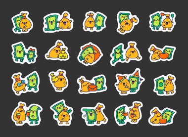 Şirin bir çift zengin karakter. Etiket Yer İmi. Sevimli Kawaii arkadaşlarının kesesi ve banknotu. El çizimi stili. Vektör çizimi. Tasarım elementlerinin koleksiyonu.