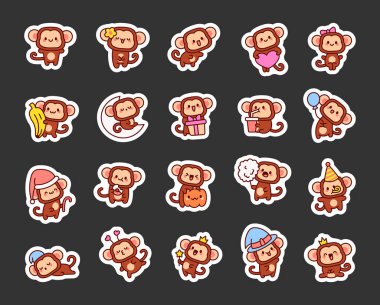 Sevimli kawaii maymunu. Etiket Yer İmi. Komik çizgi film karakteri. El çizimi stili. Vektör çizimi. Tasarım elementlerinin koleksiyonu.