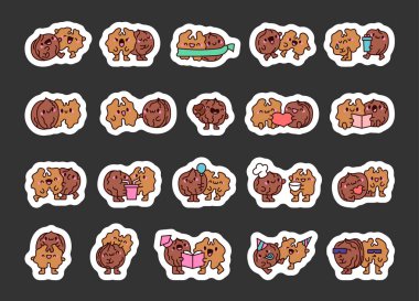 Mutlu cevizli komik çiftler. Etiket Yer İmi. Farklı duyguları olan çizgi film karakterleri. El çizimi stili. Vektör çizimi. Tasarım elementlerinin koleksiyonu.