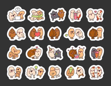 Bir çift şanslı fetüs cevizi. Etiket Yer İmi. Sevimli çizgi film karakterleri. El çizimi stili. Vektör çizimi. Tasarım elementlerinin koleksiyonu.