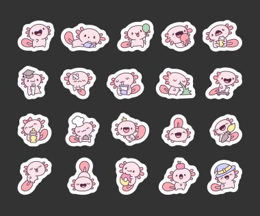 Mutlu kawaii axolotl 'lar. Etiket Yer İmi. Farklı nesneleri olan çizgi film karakteri. Vektör çizimi. Tasarım elementlerinin koleksiyonu.