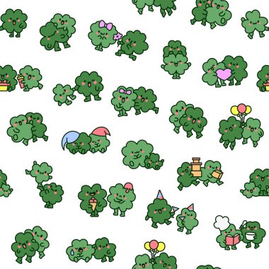 Şirin kawaii yonca arkadaşları. Kusursuz desen. Komik çizgi film karakterleri. El çizimi stili. Vektör çizimi. Tasarım süslemeleri.