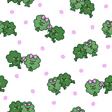 Şirin kawaii yonca arkadaşları. Kusursuz desen. Komik çizgi film karakterleri. El çizimi stili. Vektör çizimi. Tasarım süslemeleri.