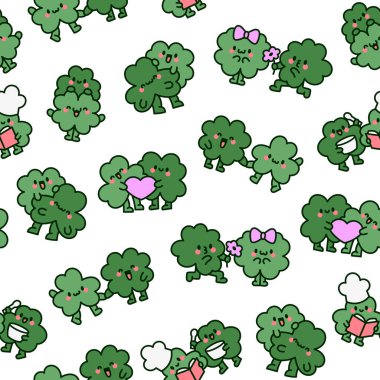 Şirin kawaii yonca arkadaşları. Kusursuz desen. Komik çizgi film karakterleri. El çizimi stili. Vektör çizimi. Tasarım süslemeleri.