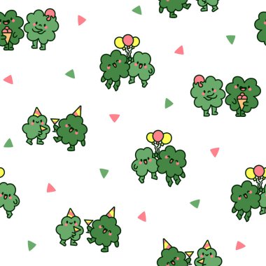 Şirin kawaii yonca arkadaşları. Kusursuz desen. Komik çizgi film karakterleri. El çizimi stili. Vektör çizimi. Tasarım süslemeleri.