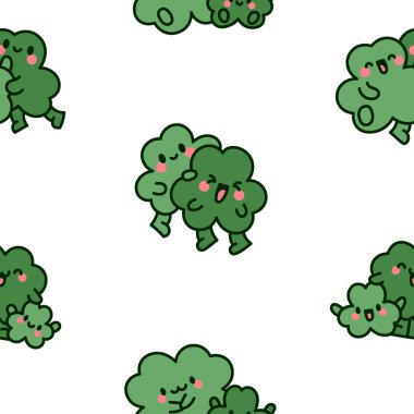 Şirin kawaii yonca arkadaşları. Kusursuz desen. Komik çizgi film karakterleri. El çizimi stili. Vektör çizimi. Tasarım süslemeleri.