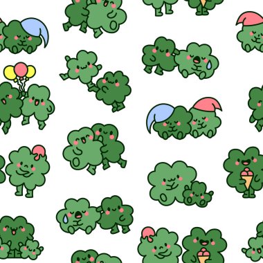 Şirin kawaii yonca arkadaşları. Kusursuz desen. Komik çizgi film karakterleri. El çizimi stili. Vektör çizimi. Tasarım süslemeleri.