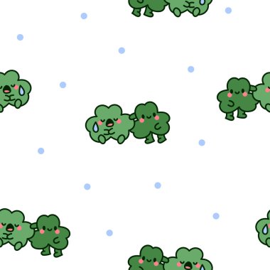 Şirin kawaii yonca arkadaşları. Kusursuz desen. Komik çizgi film karakterleri. El çizimi stili. Vektör çizimi. Tasarım süslemeleri.