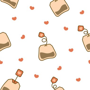 Bir poşet çay. Kusursuz desen. Kahvaltıda. El çizimi stili. Vektör çizimi. Tasarım süslemeleri.