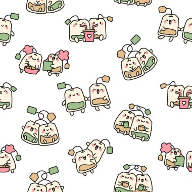 Tatlı çay poşetleri sonsuza dek arkadaşlar. Kusursuz desen. Komik keseli çizgi film karakterleri. El çizimi stili. Vektör çizimi. Tasarım süslemeleri.