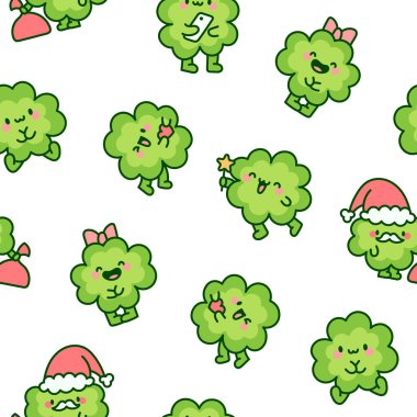 Şirin kawaii şanslı yonca çizgi film karakteri. Kusursuz desen. El çizimi stili. Vektör çizimi. Tasarım süslemeleri.