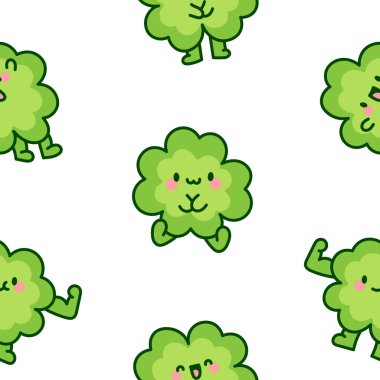 Şirin kawaii şanslı yonca çizgi film karakteri. Kusursuz desen. El çizimi stili. Vektör çizimi. Tasarım süslemeleri.