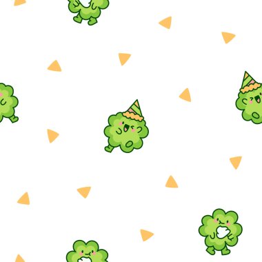 Şirin kawaii şanslı yonca çizgi film karakteri. Kusursuz desen. El çizimi stili. Vektör çizimi. Tasarım süslemeleri.