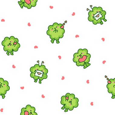 Şirin kawaii şanslı yonca çizgi film karakteri. Kusursuz desen. El çizimi stili. Vektör çizimi. Tasarım süslemeleri.